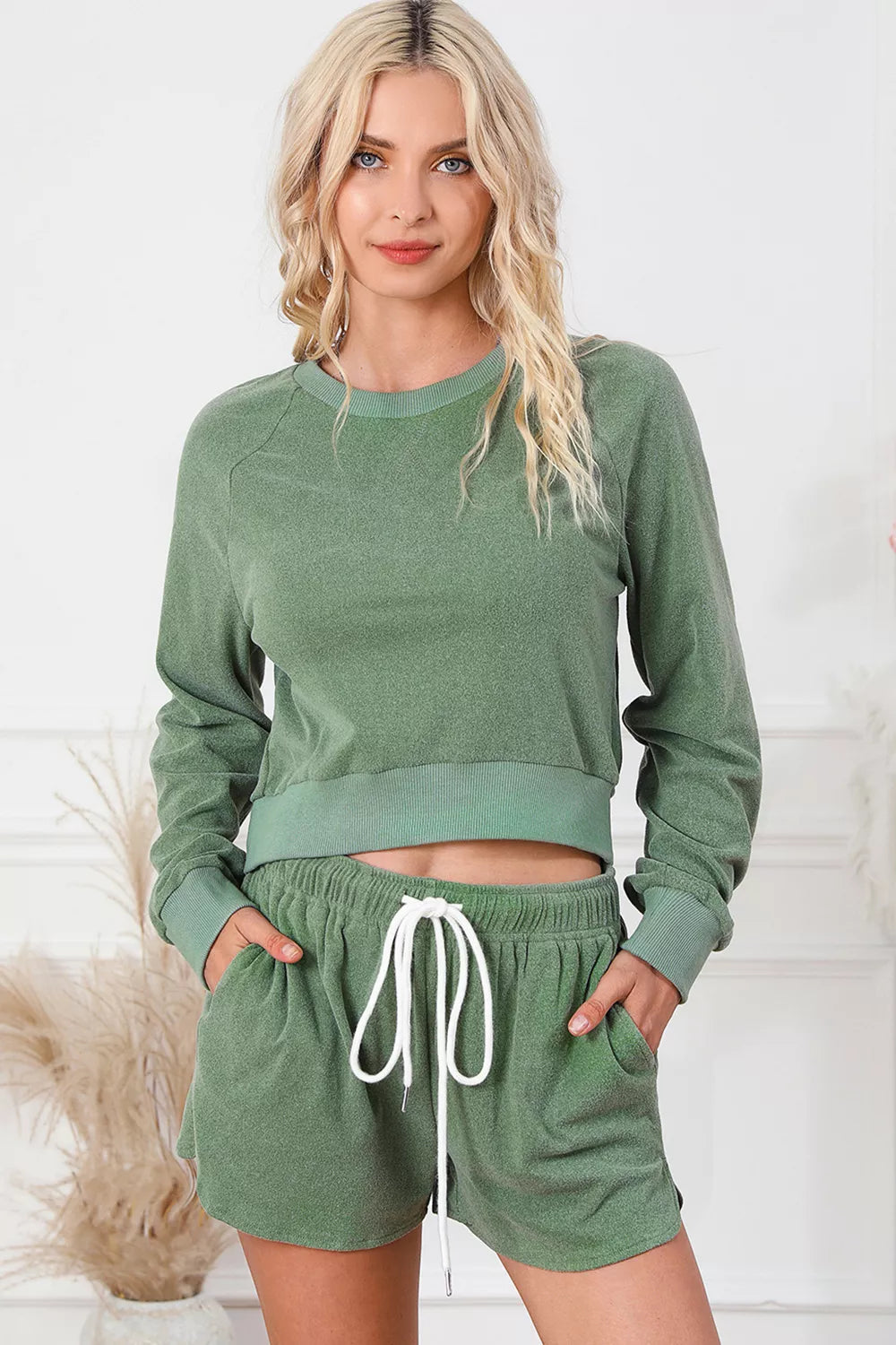 Round Neck Long Sleeve Top and Drawstring Shorts Lounge Set - Lilixa.store
