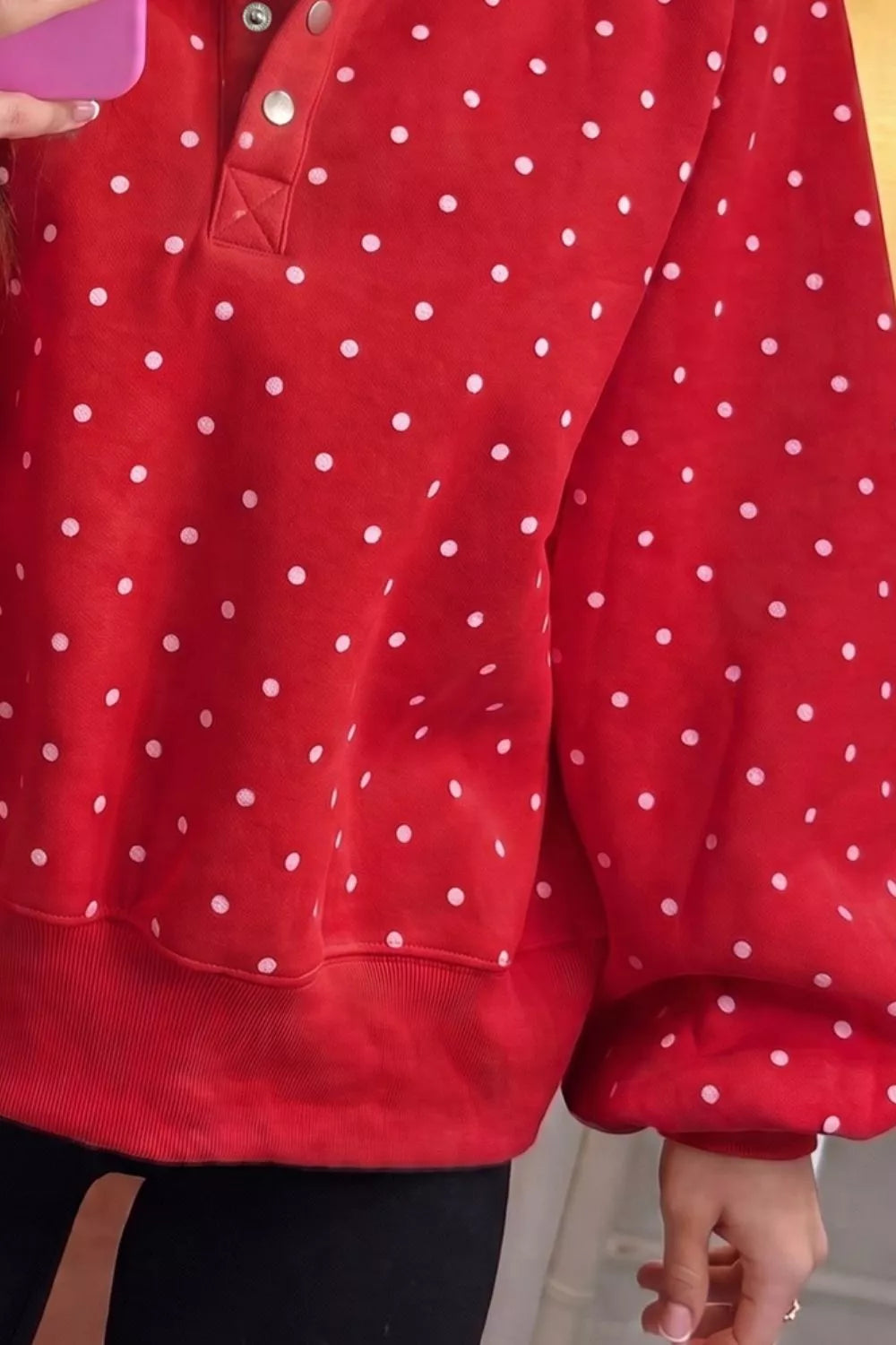Polka Dot Snap-Button Sweatshirt in Deep Red, view 2
