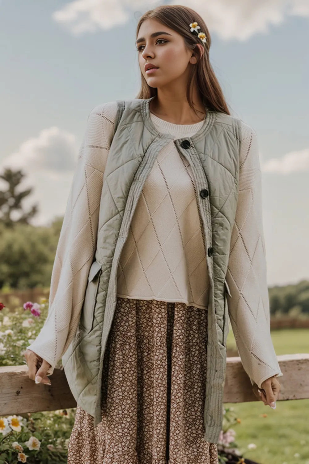 Button Up Pocketed Vest Coat in Sage, view 5