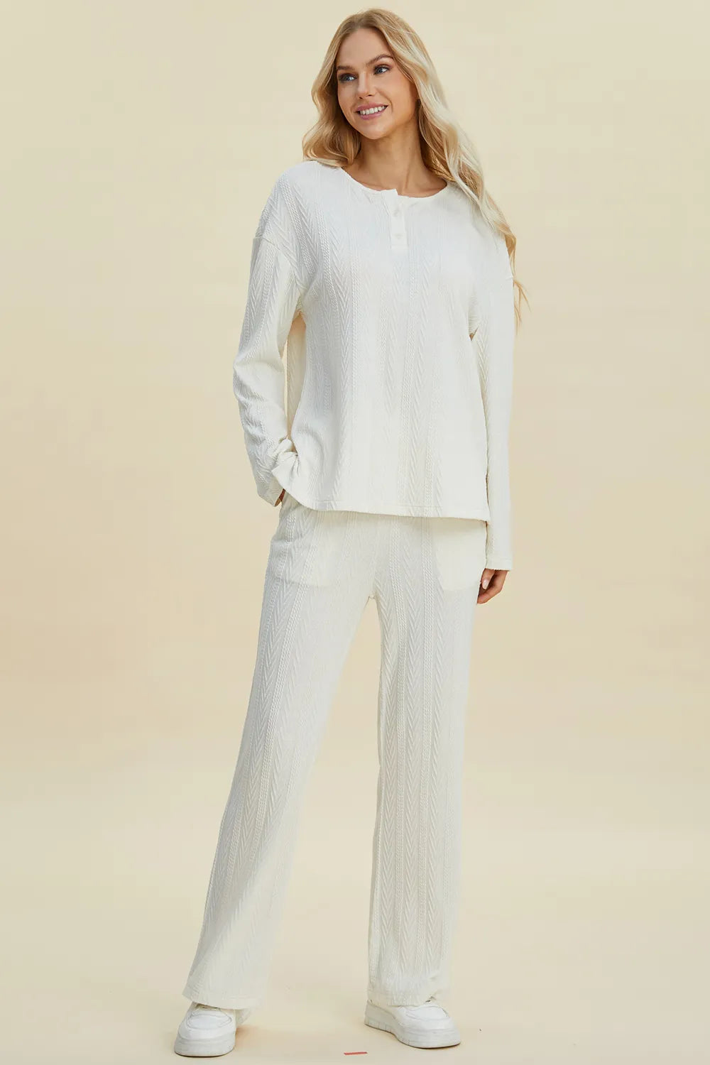 Double Take Full Size Cable-Knit Long Sleeve Top and Pants Set in White