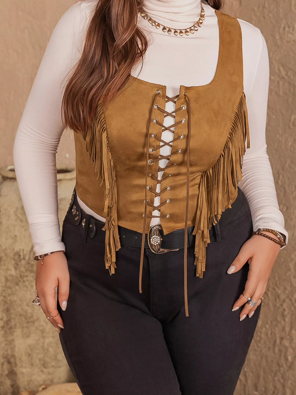 Plus Size Fringed Lace-Up Suede Vest - Lilixa.store
