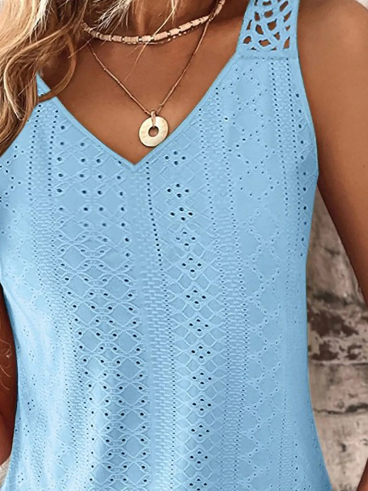 Eyelet Lace Trim V-Neck Tank Top - Lilixa.store