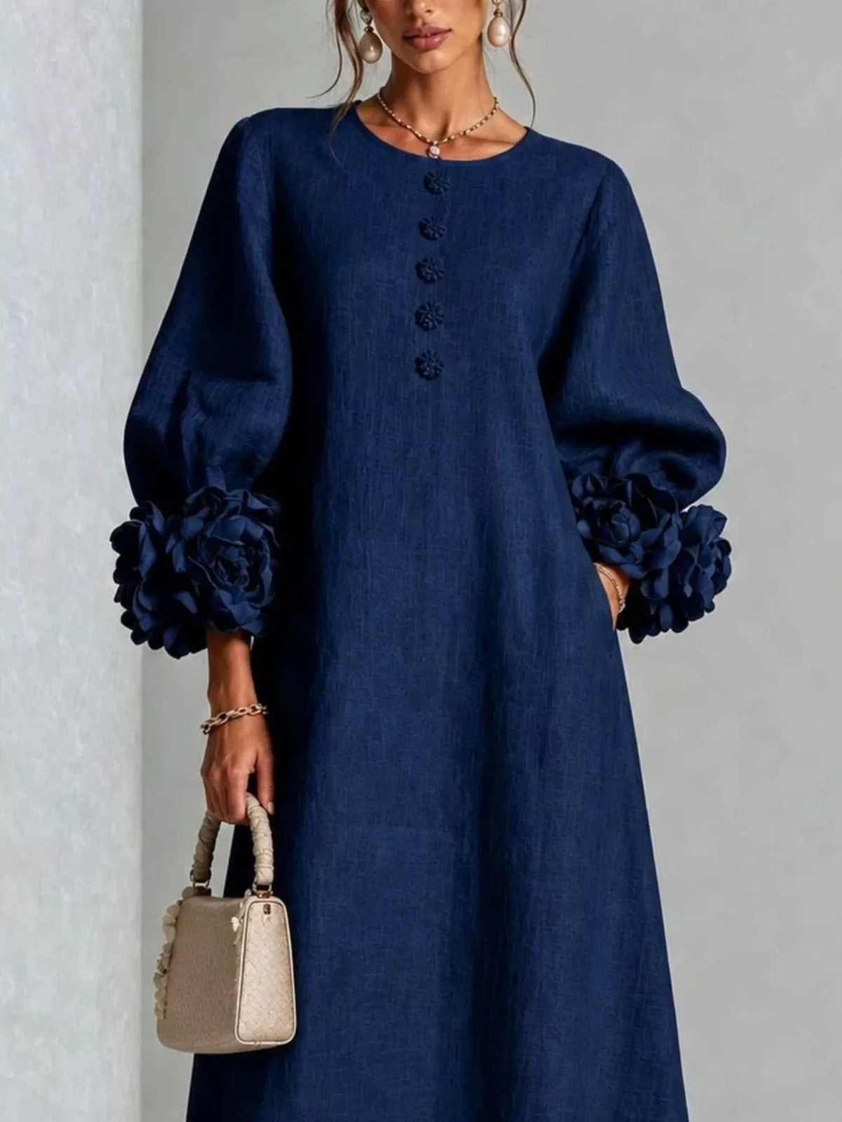3D Floral Round Neck Midi Dress