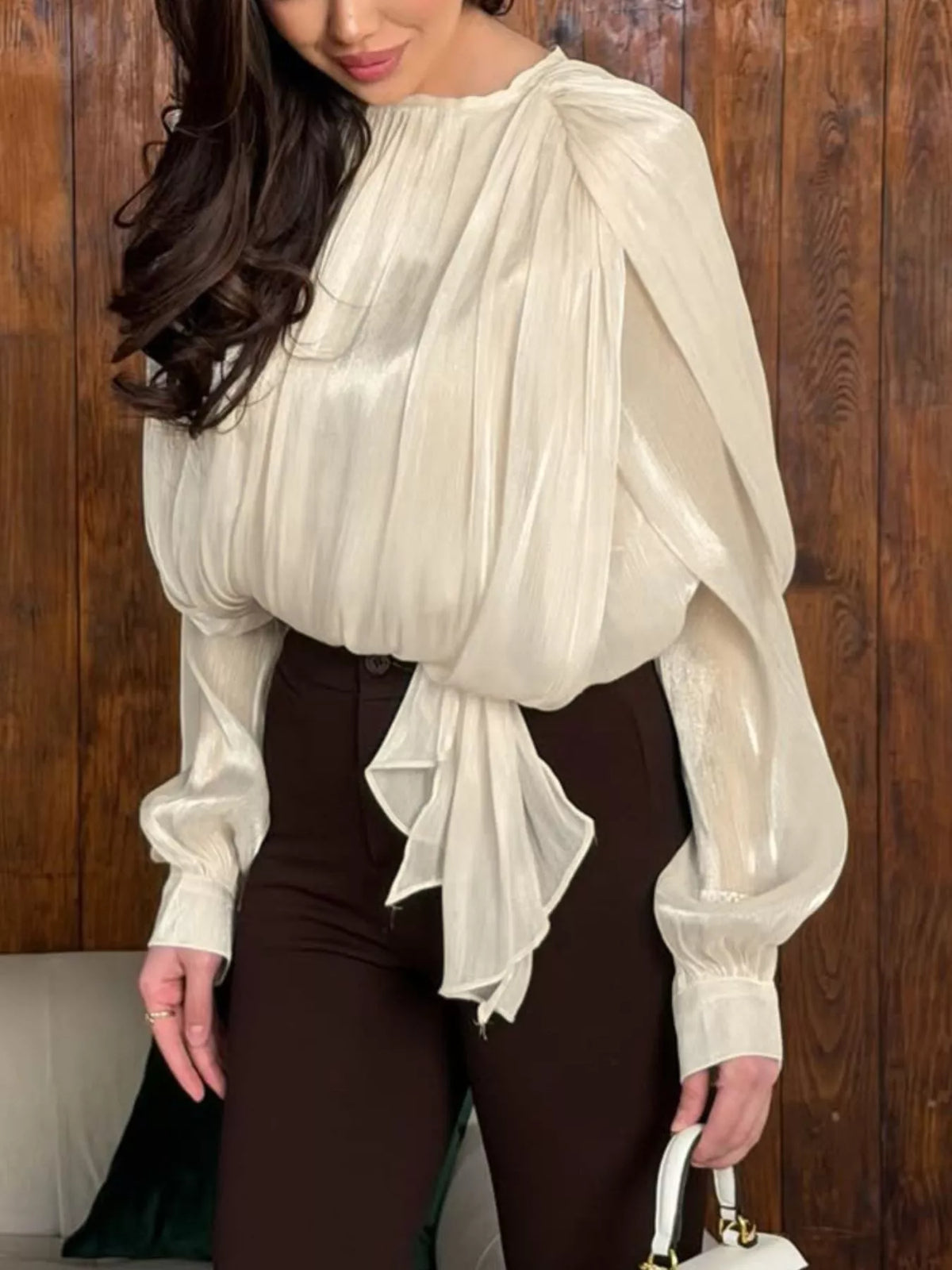 Tie-Front Detail Long Sleeve Blosue in Tan