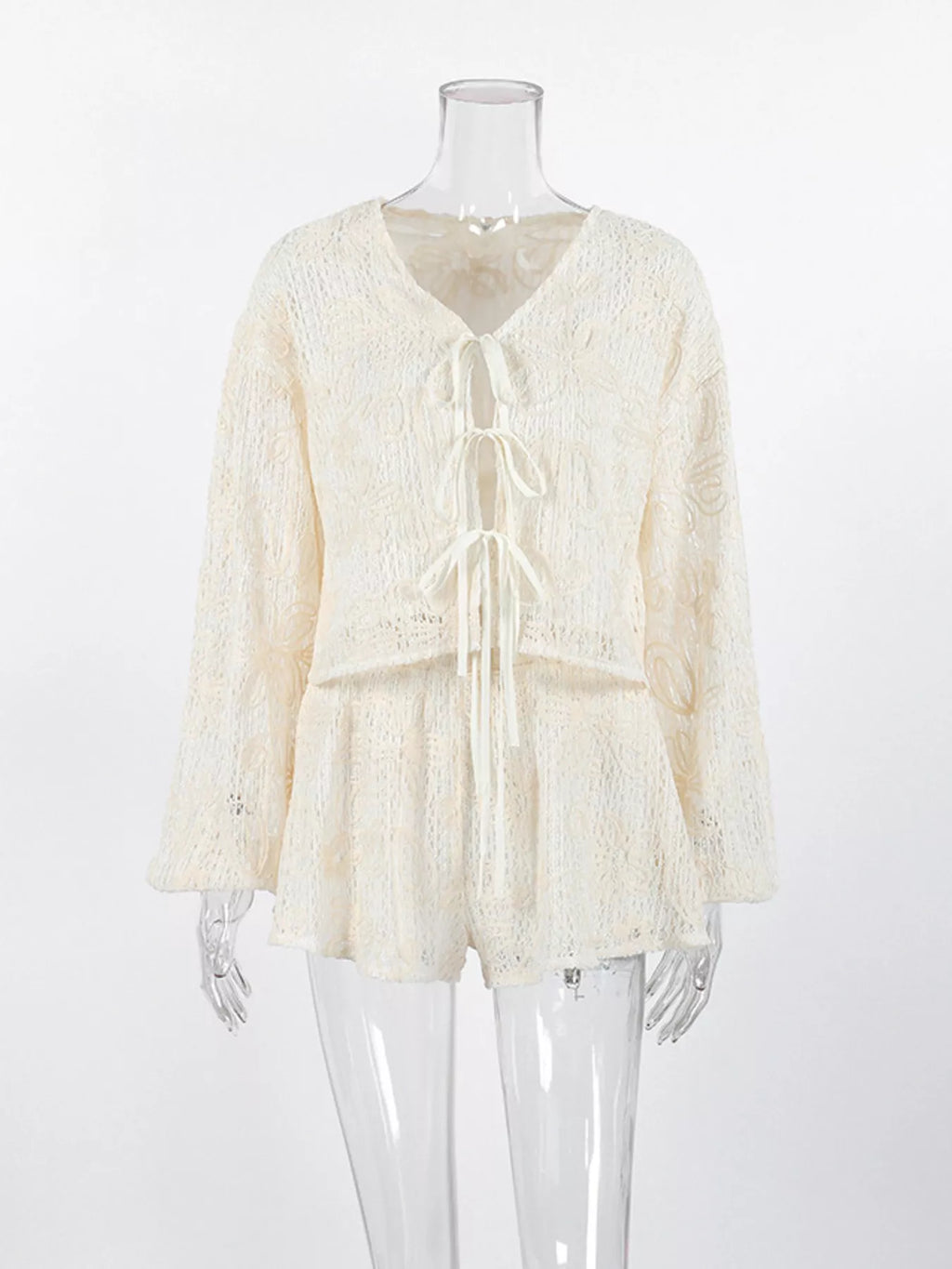 Lace Crochet Tie Front Top and Shorts Two-Piece Lounge Set - Lilixa.store