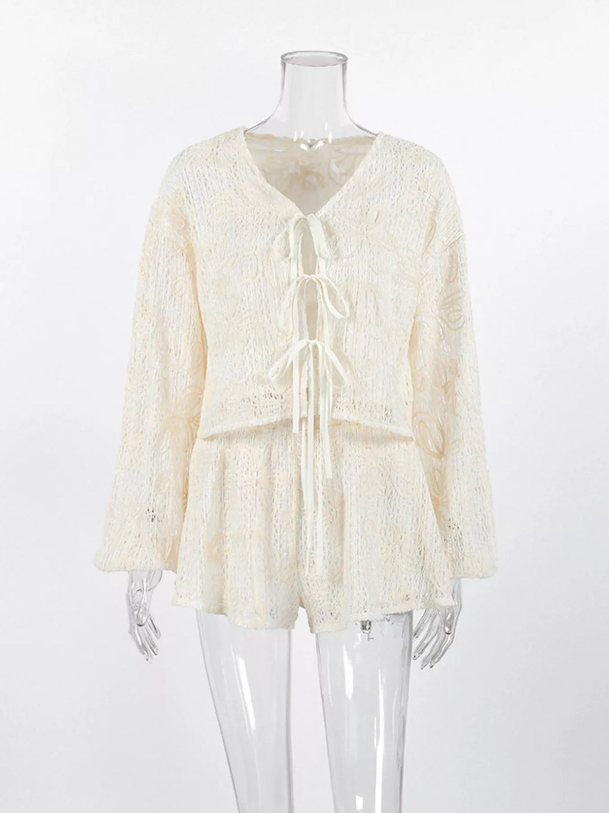 Lace Crochet Tie Front Top and Shorts Two-Piece Lounge Set, view 5