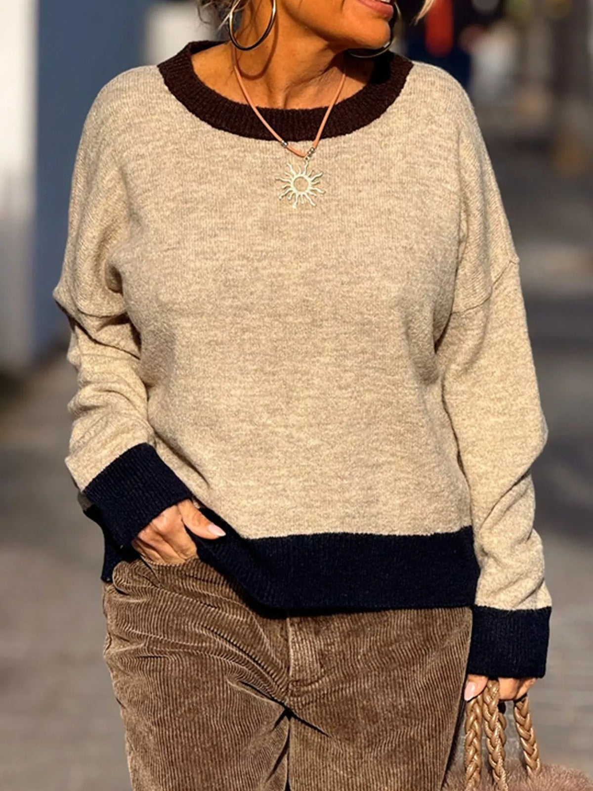 Contrast Trim Crew Neck Sweater