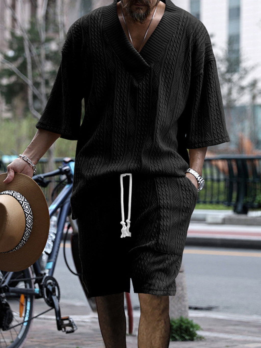 Men's Full Size Casual Knit V-Neck Short Sleeve Top and Shorts Set Plus Size - Lilixa.store