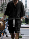 Men's Full Size Casual Knit V-Neck Short Sleeve Top and Shorts Set Plus Size - Lilixa.store