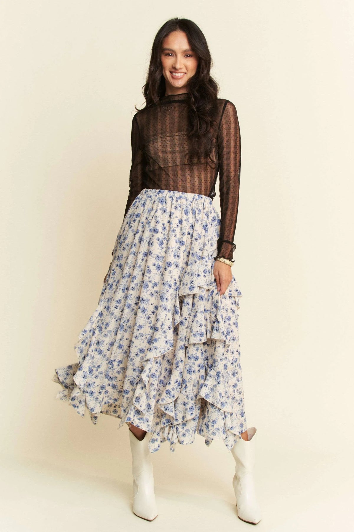 Davi & Dani Turtle Neck Lace Dotted Stretch Mesh Sheer Top - Lilixa.store