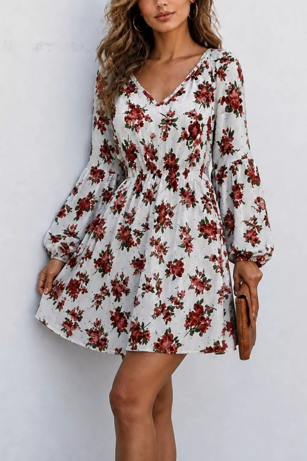 Floral Print Balloon Sleeve Mini Dress in White, view 2