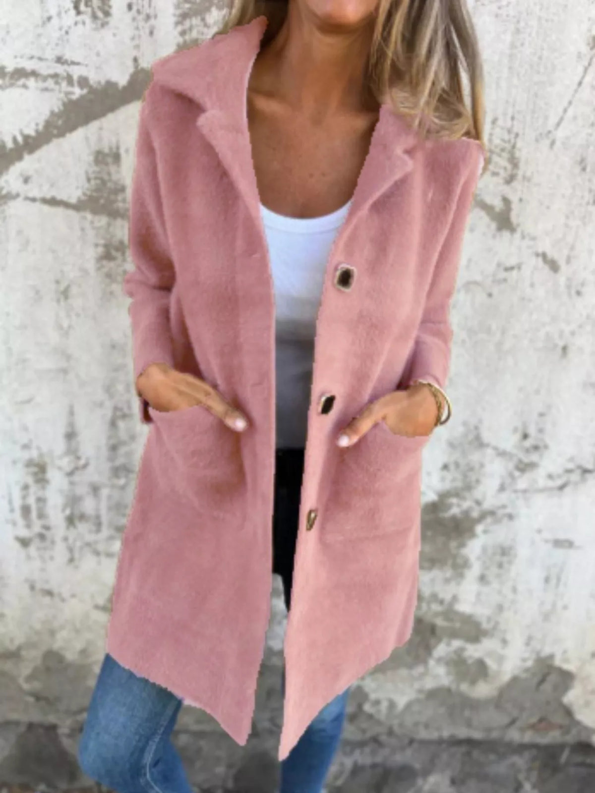 Full Size Button-Down Long Sleeve Longline Coat Plus Size in Pink