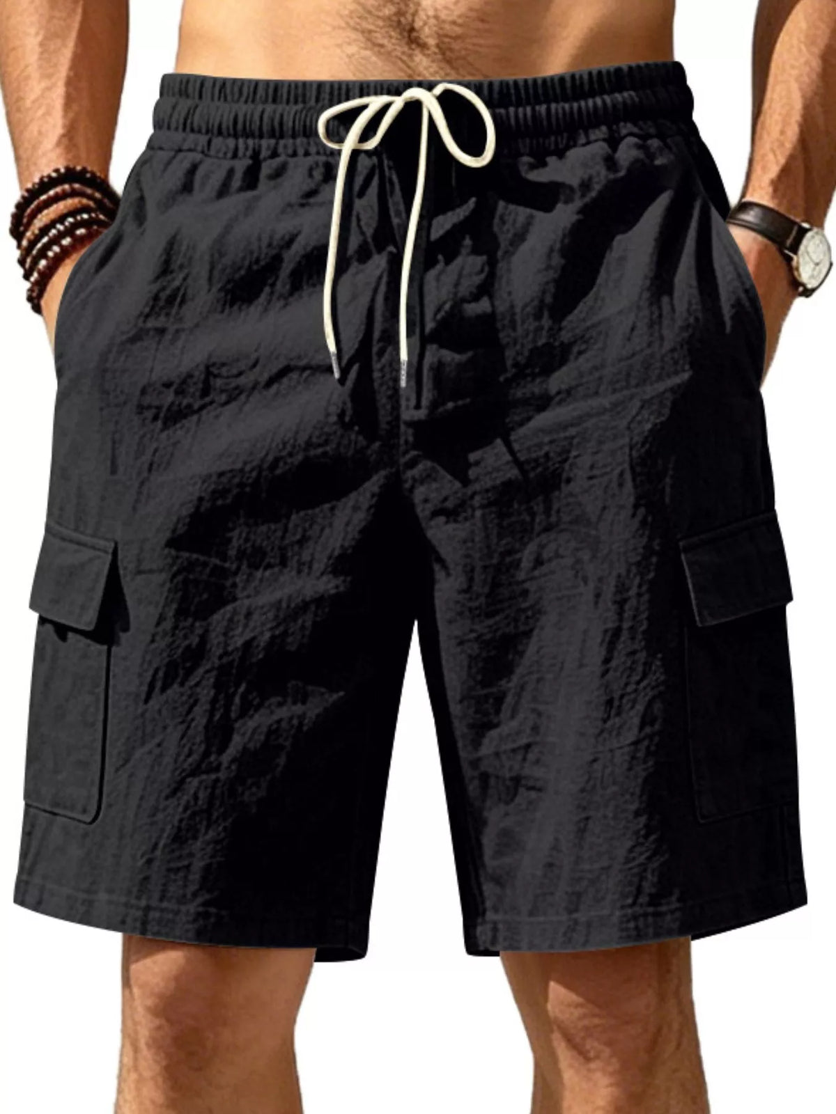 Men's Plus Size Casual Cargo Shorts with Drawstring Waist in Black