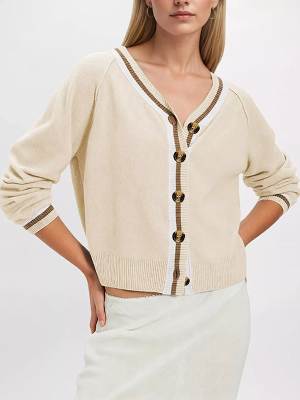 Striped Trim Button-Down Cardigan - Lilixa.store