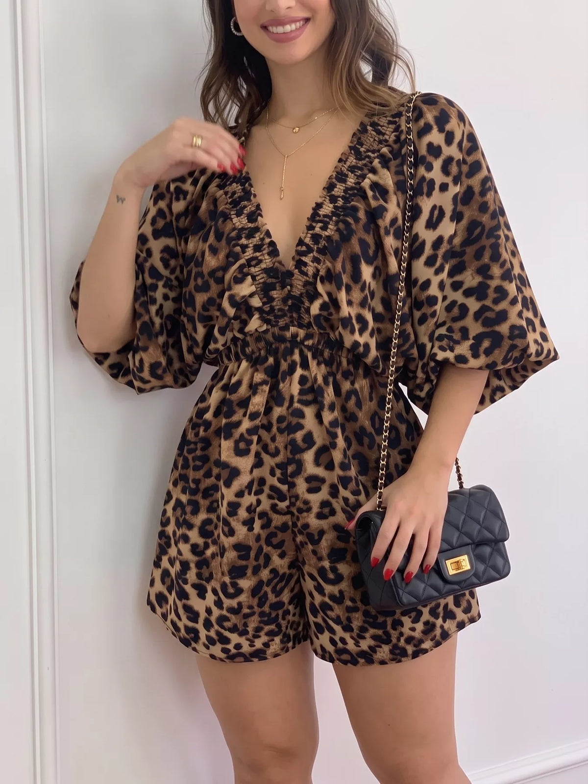 V-Neck Leopard Print Puff Sleeve Romper - Lilixa.store