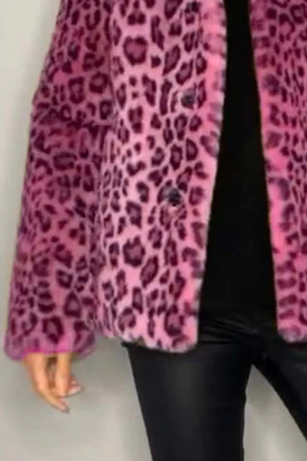 Full Size Leopard Furry Collared Neck Long Sleeve Coat, view 9