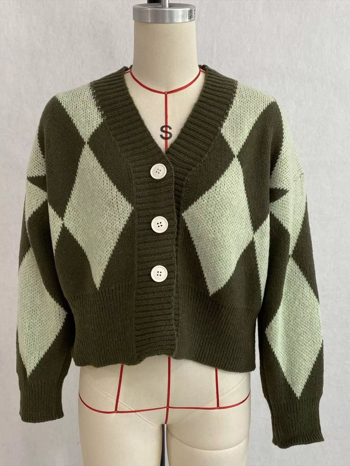 Argyle Pattern V-Neck Button-Down Cardigan, view 20