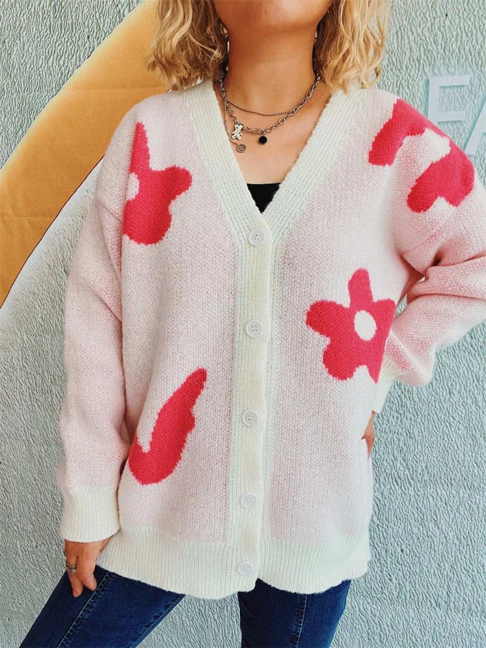 Flower Button Down V-Neck Long Sleeve Cardigan - Lilixa.store