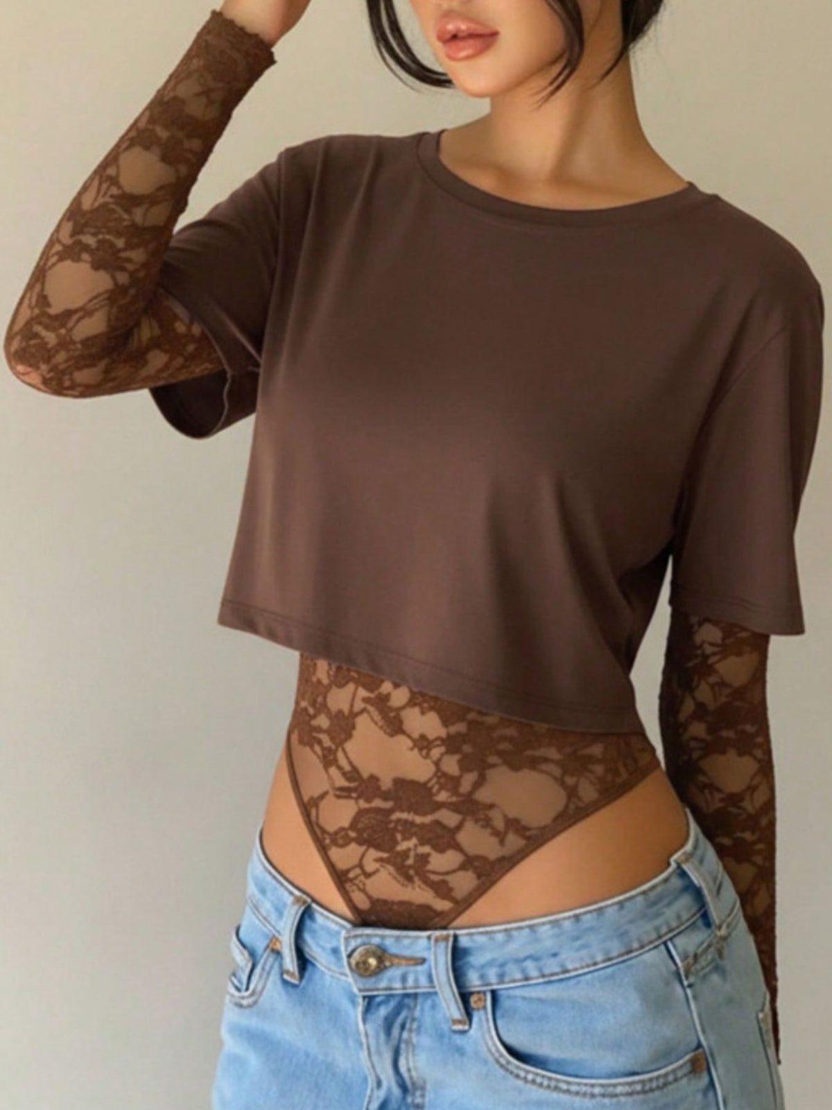 Lace Patchwork Round Neck Bodysuit - Lilixa.store