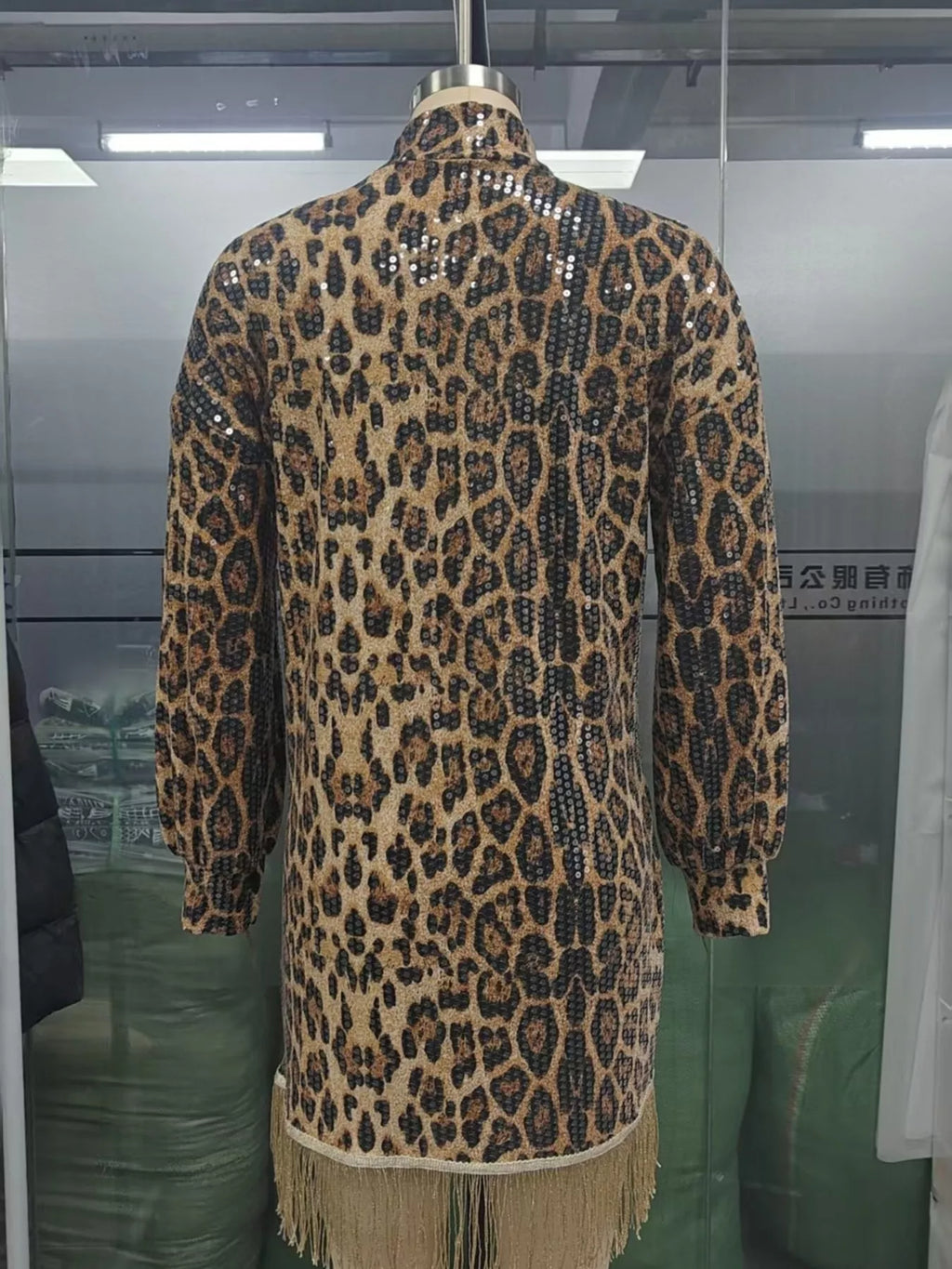 Full Size Leopard Sequin Mock Neck Fringe Hem Mini Dress Plus Size - Lilixa.store