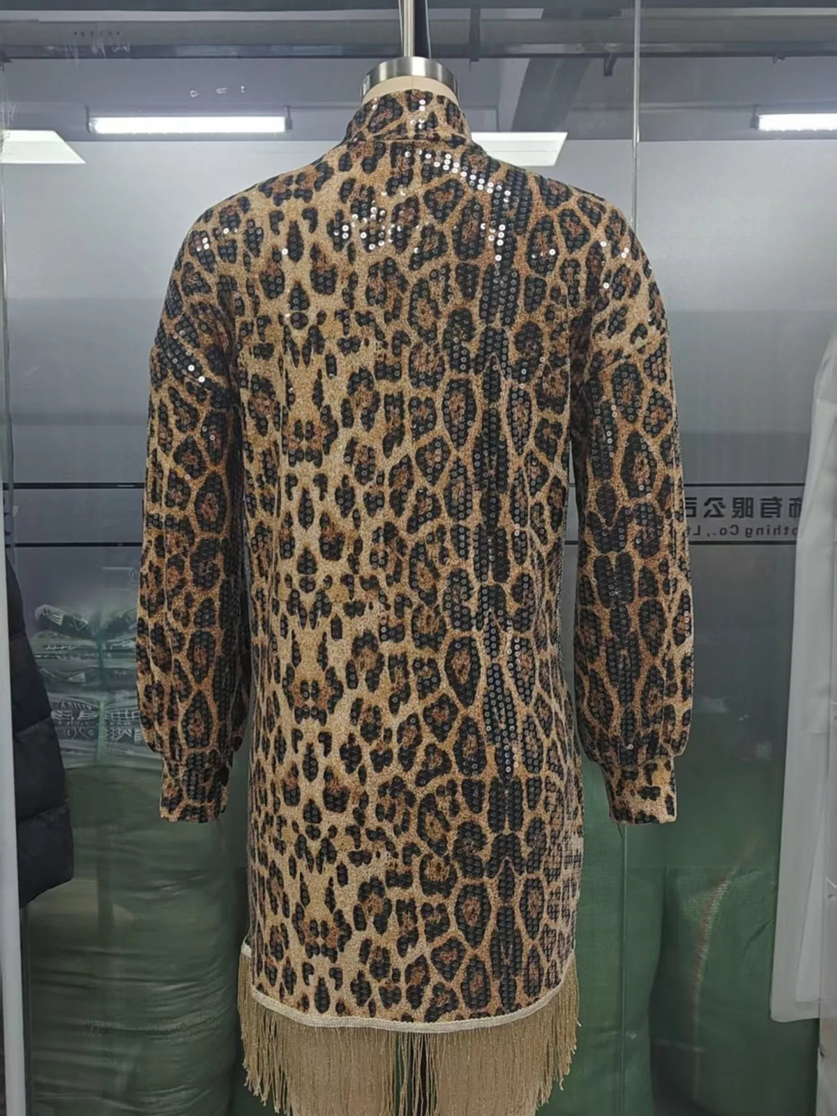 Full Size Leopard Sequin Mock Neck Fringe Hem Mini Dress Plus Size