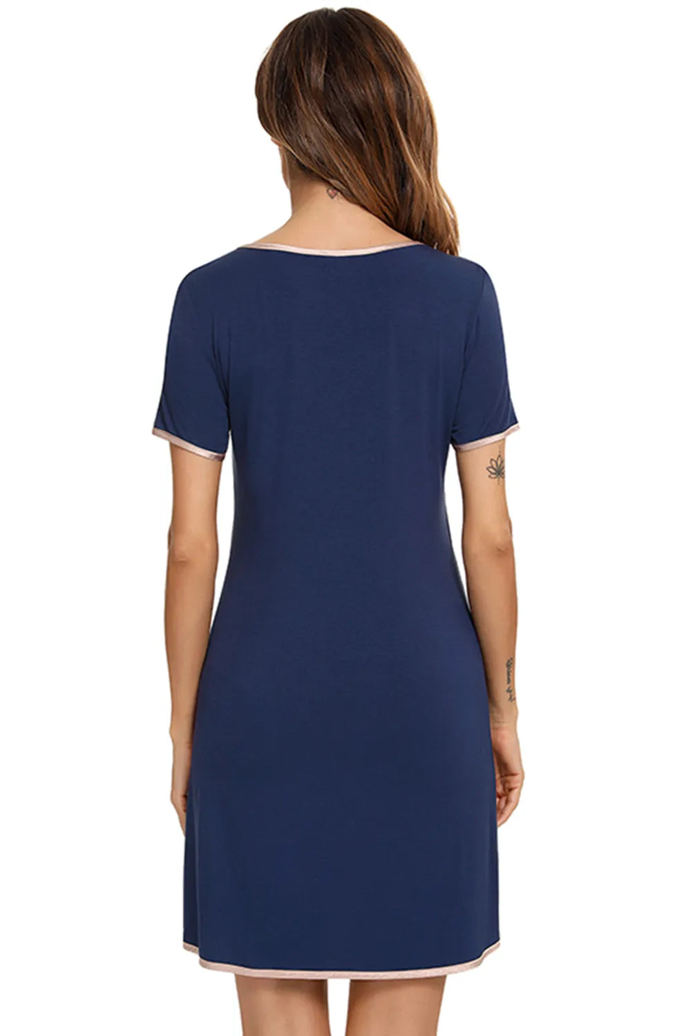Contrast Trim Pocketed Round Neck Lounge Dress - Lilixa.store