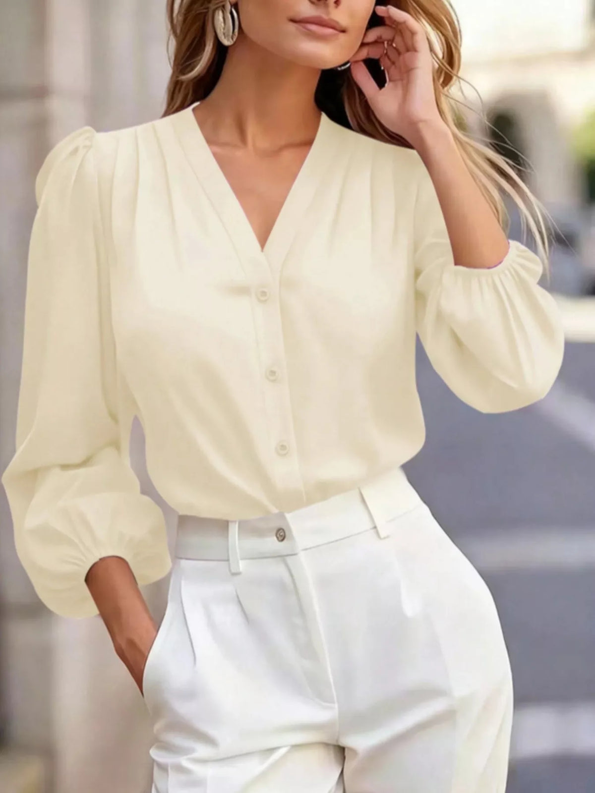 Elegant V-Neck Puff Sleeve Button-Down Shirt, view 7