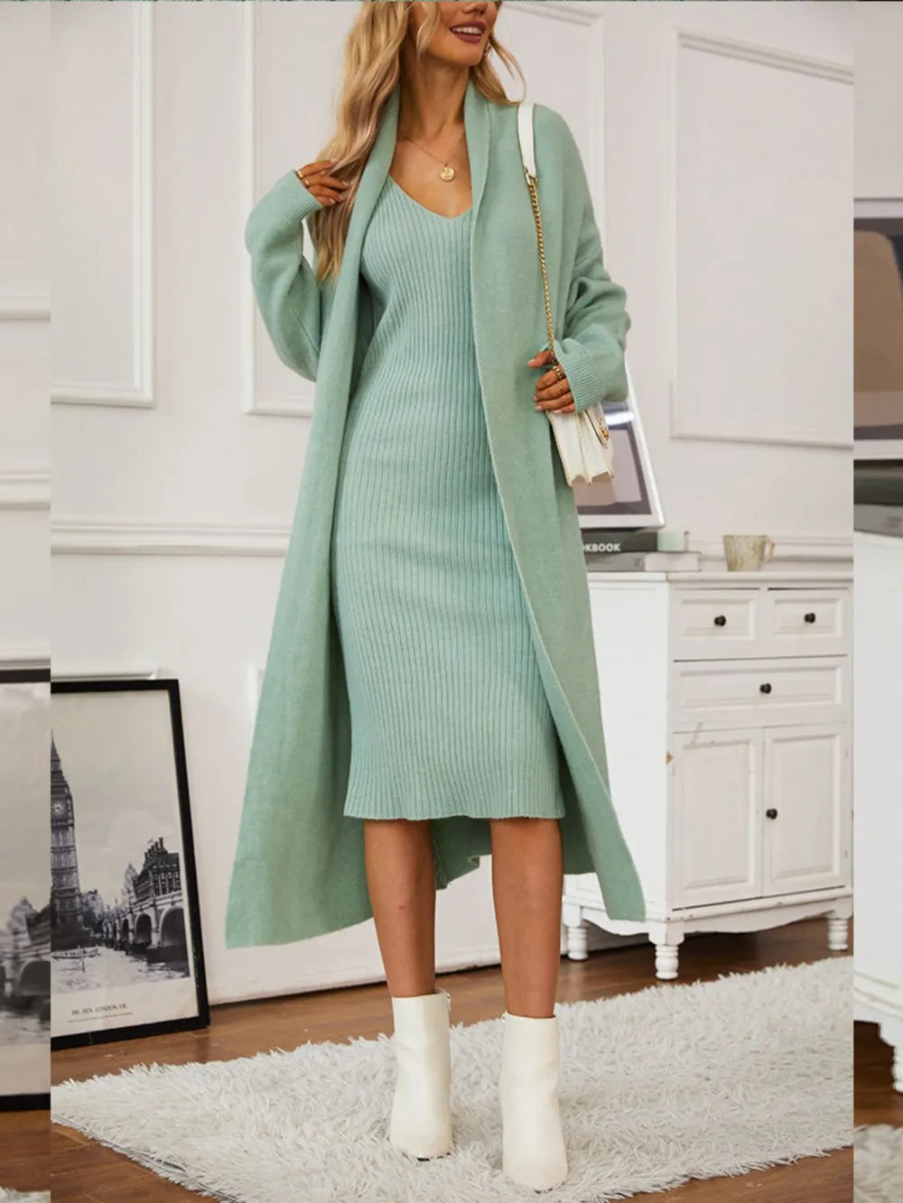 V-Neck Cami Dress and Open Front Cardigan Sweater Set, view 2