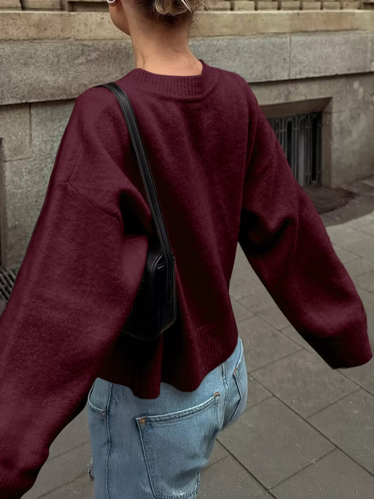 Ribbed Round Neck Dropped Shoulder Sweater - Lilixa.store