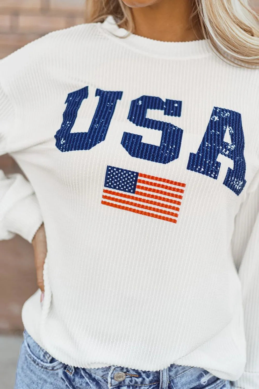 US Flag Corded Long Sleeve Sweatshirt - Lilixa.store