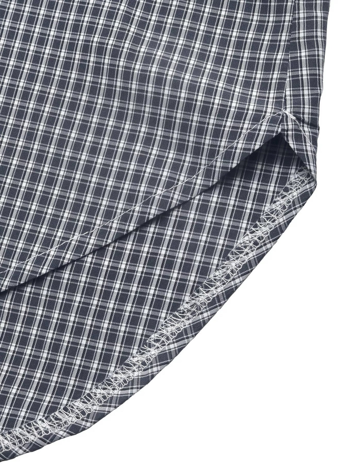 Gingham Button Up Shirt with Tie-Sleeve Detail in Navy, view 10