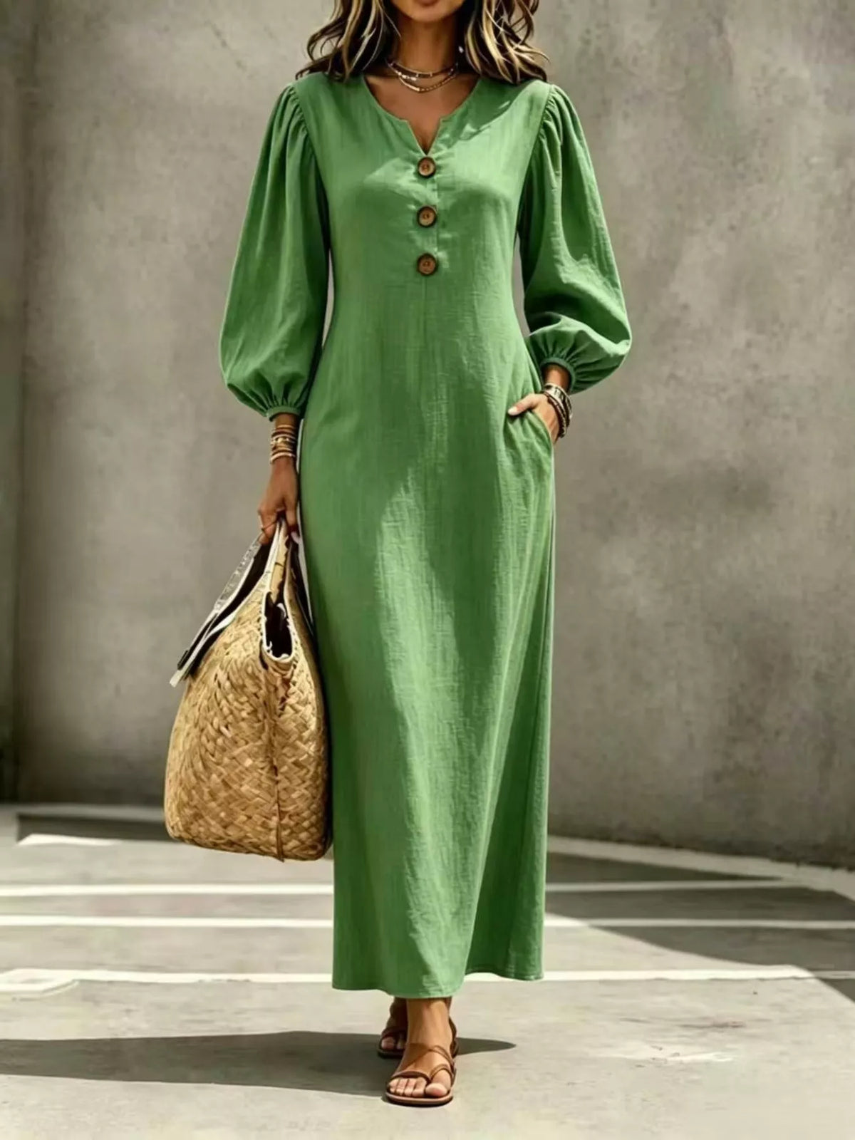 Decorative Button Balloon Sleeve Maxi Dress - Lilixa.store