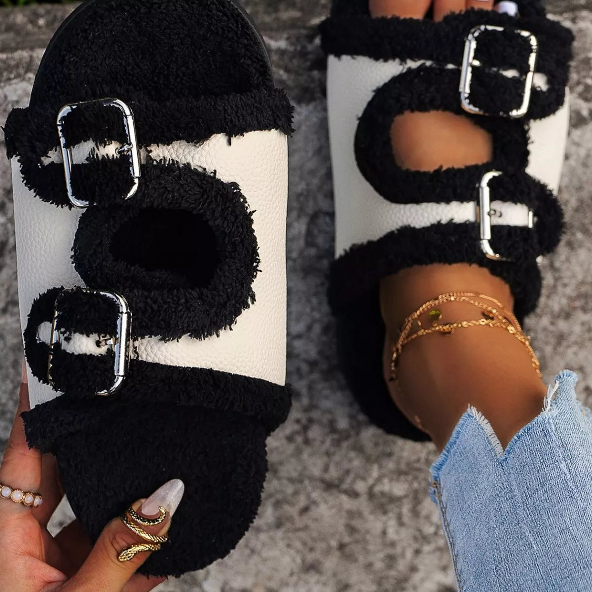 Buckle Decor Plush Lined Platform Slippers - Lilixa.store