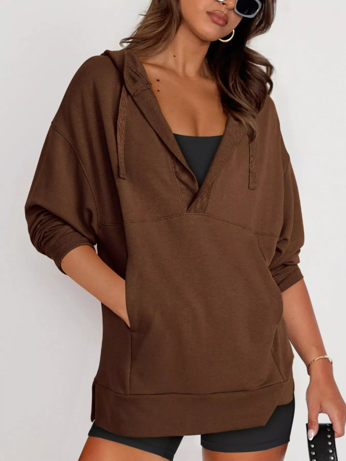 Drawstring Kangaroo Pocket Long Sleeve Hoodie - Lilixa.store