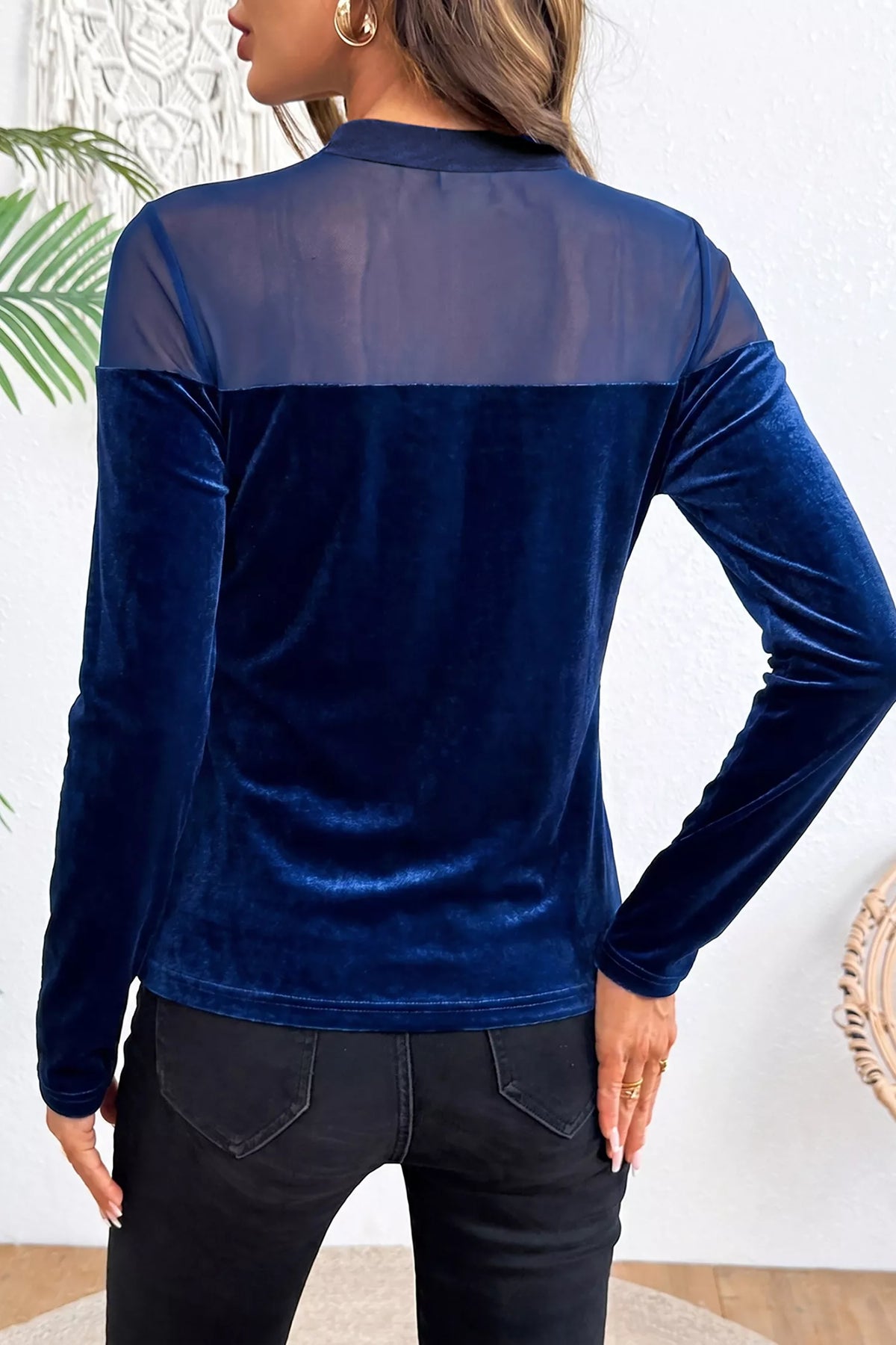 Velvet Long Sleeve Sheer Neck Patchwork Casual Top in Navy, view 2