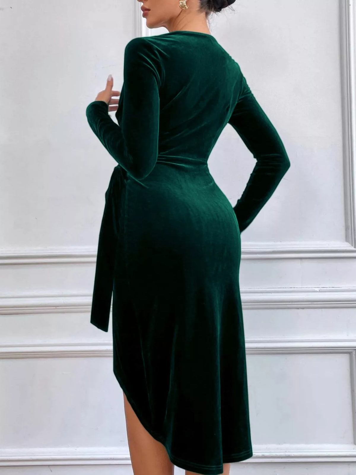 Velvet Wrap Long Sleeve Midi Dress - Lilixa.store