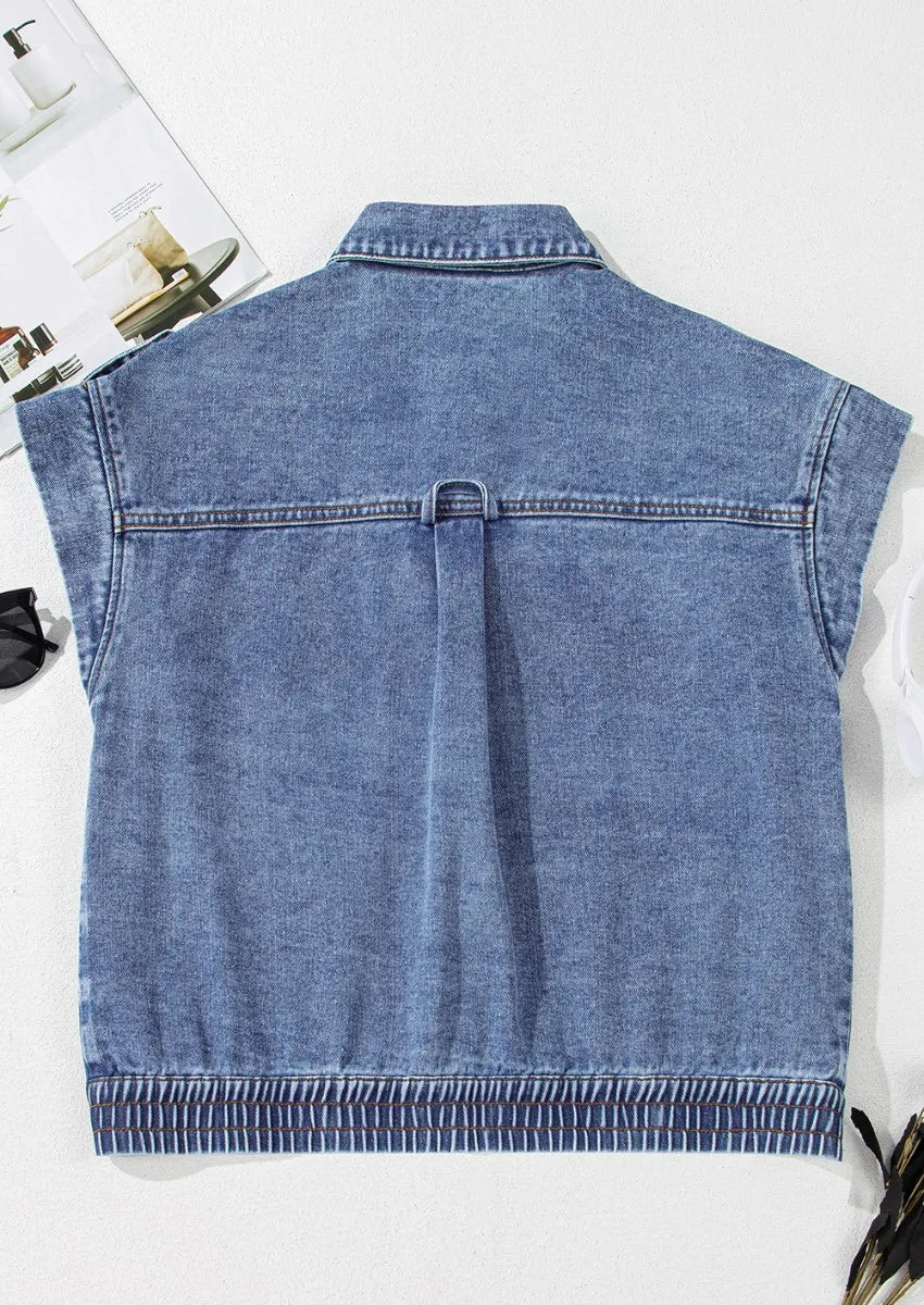 Button Up Cap Sleeve Denim Jacket, view 9
