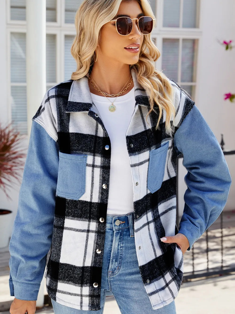 Pocketed Plaid Snap Down Denim Jacket in Dusty Blue, view 3