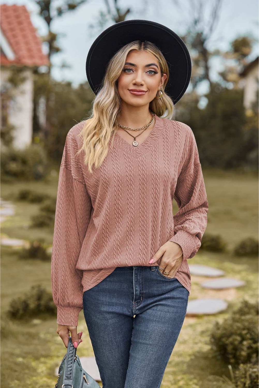 V-Neck Dropped Shoulder Blouse in Dusty Pink