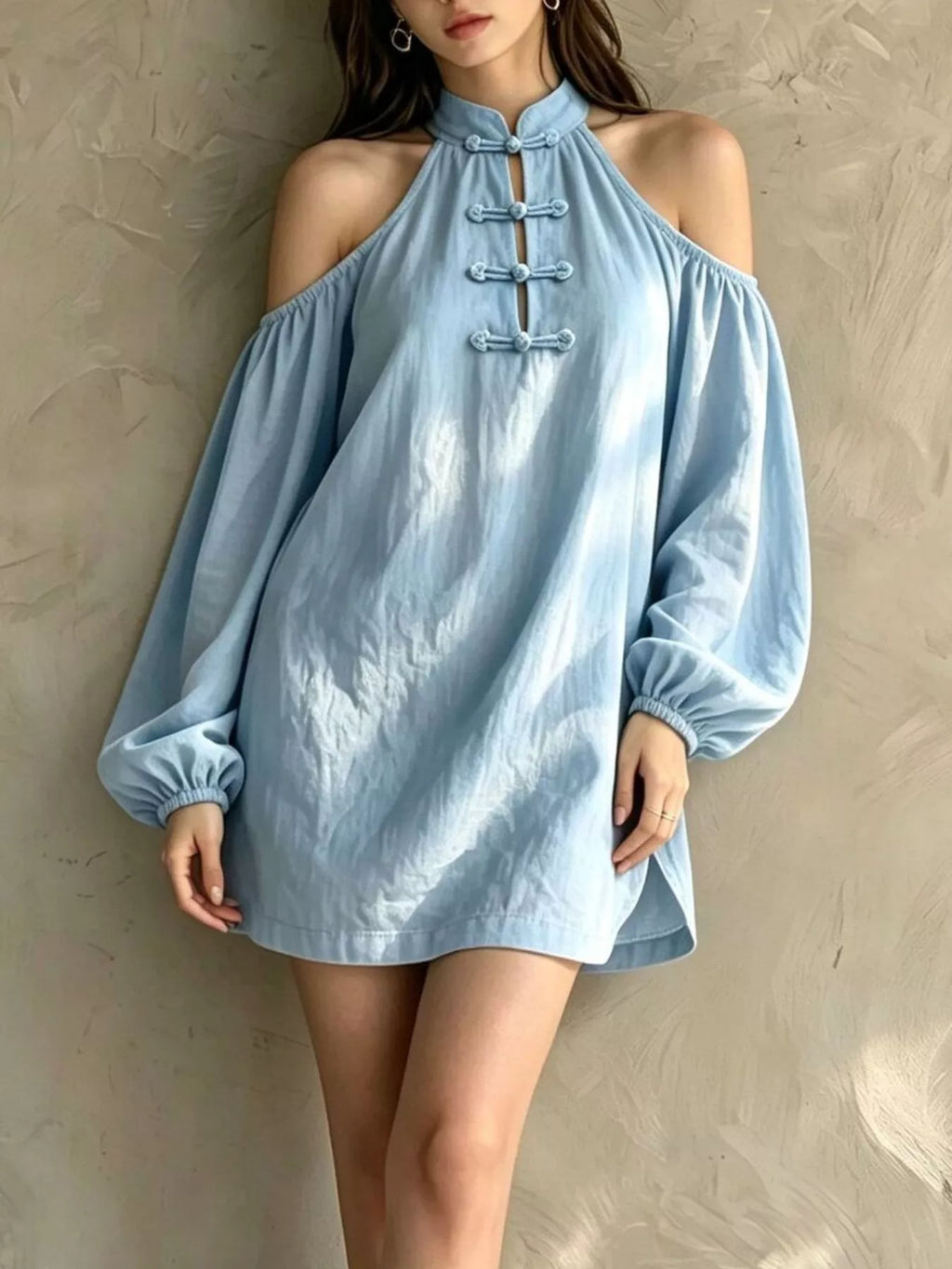 Cold-Shoulder Balloon Sleeve Mini Dress - Lilixa.store