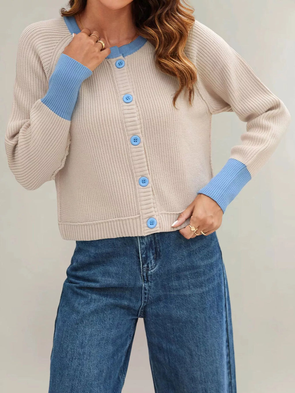 Color Block Ribbed Knit Button-Front Cardigan - Lilixa.store