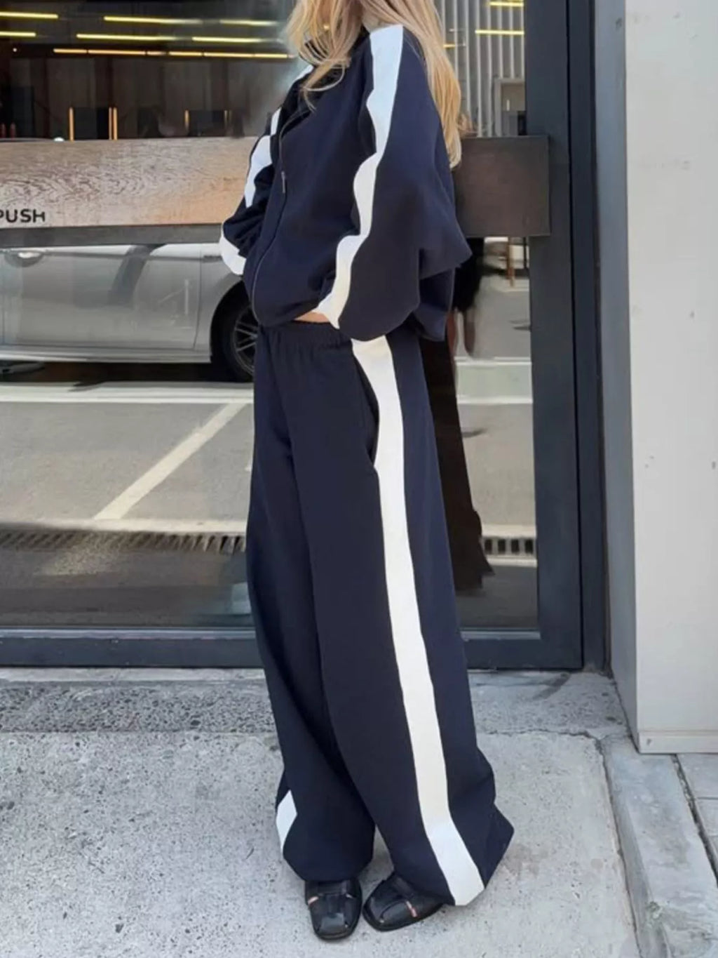 Contrast Side Stripe Zip Up Top and Pants Set - Lilixa.store