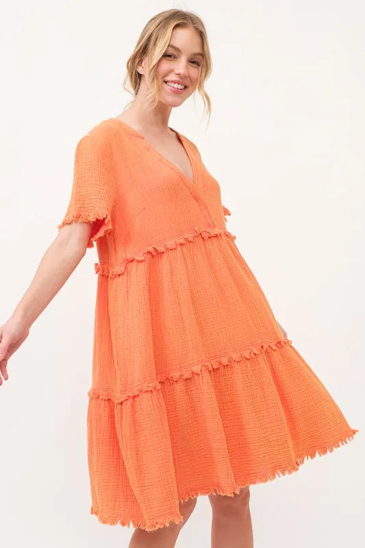 And The Why Washed Frayed Detail Tiered Dress in Orange, view 3