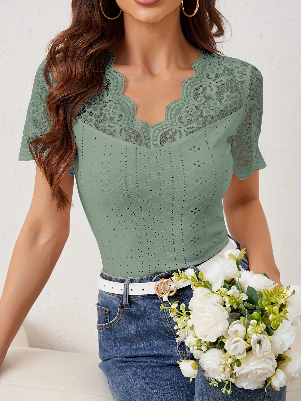 Lace Scalloped V-Neck Eyelet T-Shirt - Lilixa.store