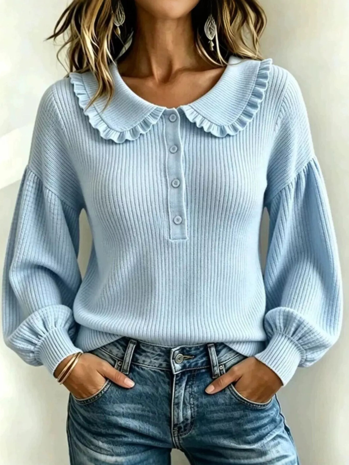 Full Size Ruffle Collar Button Detail Sweater Plus Size