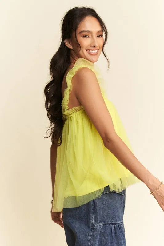 Davi & Dani Shirred Ruffle Strap Tulle Babydoll Top - Lilixa.store
