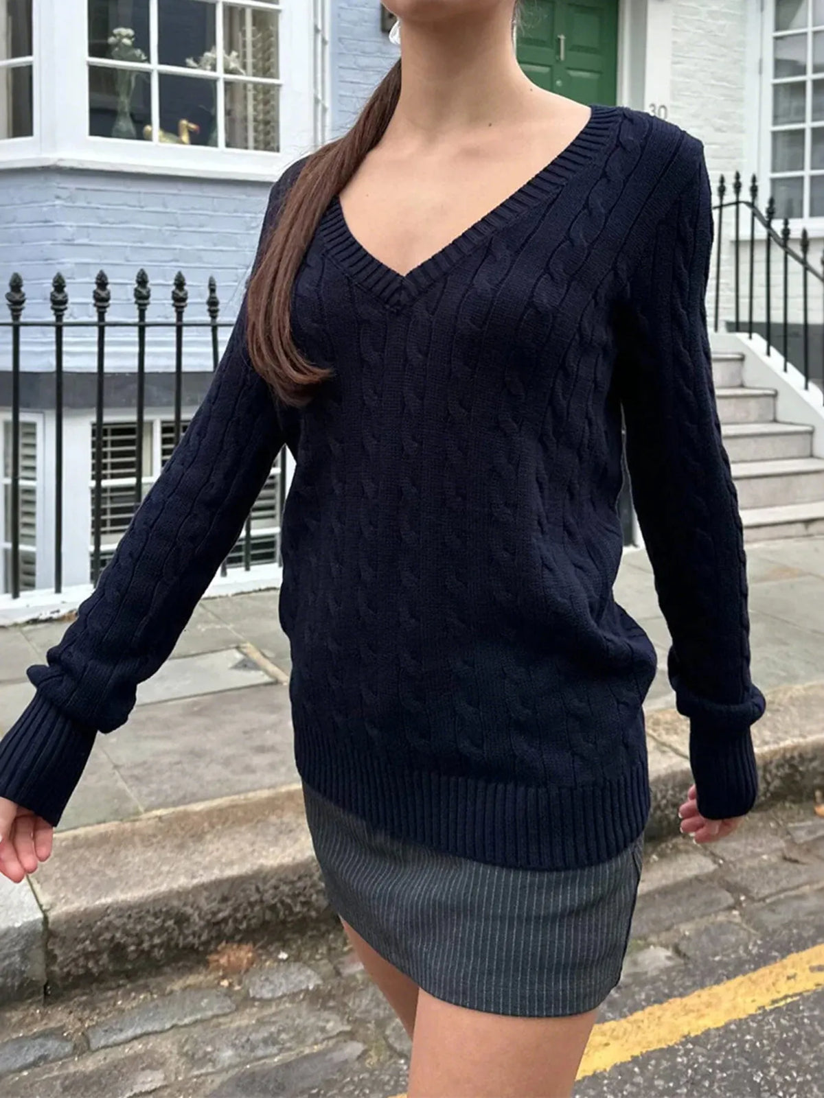Cable Knit V-Neck Sweater - Lilixa.store