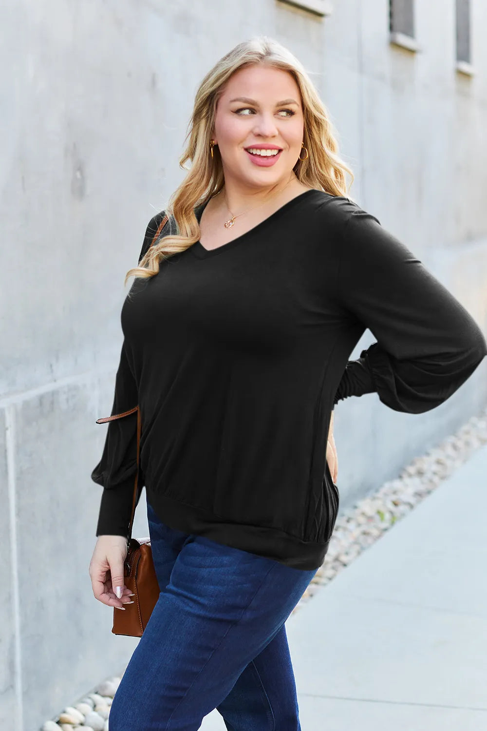 Basic Bae Full Size V-Neck Lantern Sleeve Top - Lilixa.store