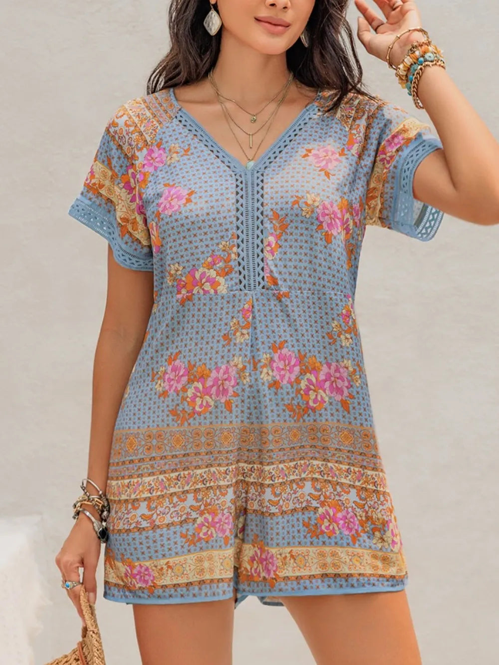 Printed V-Neck Short Sleeve Romper - Lilixa.store