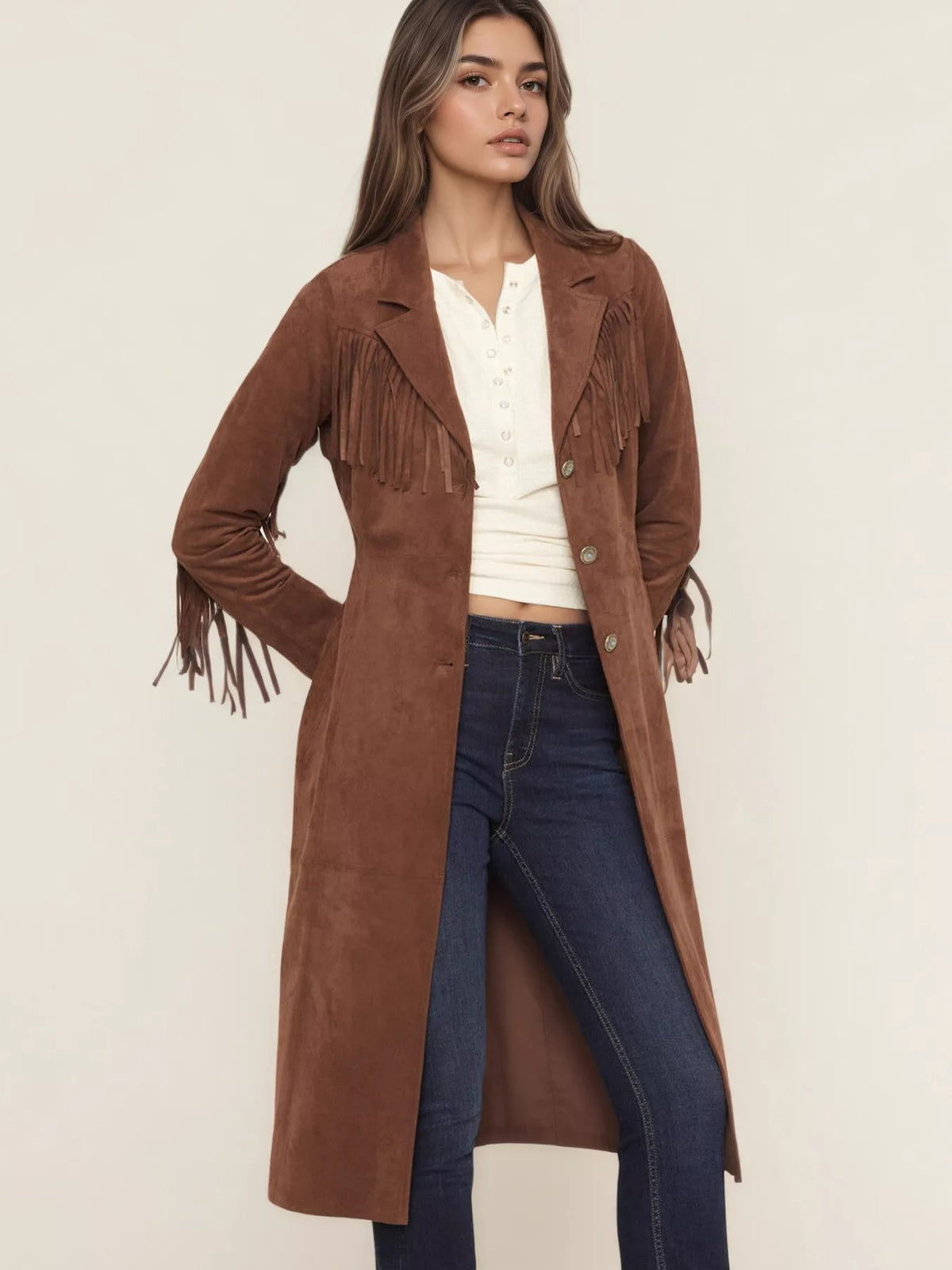 Fringe Lapel Collar Long Sleeve Coat in Brown, view 4
